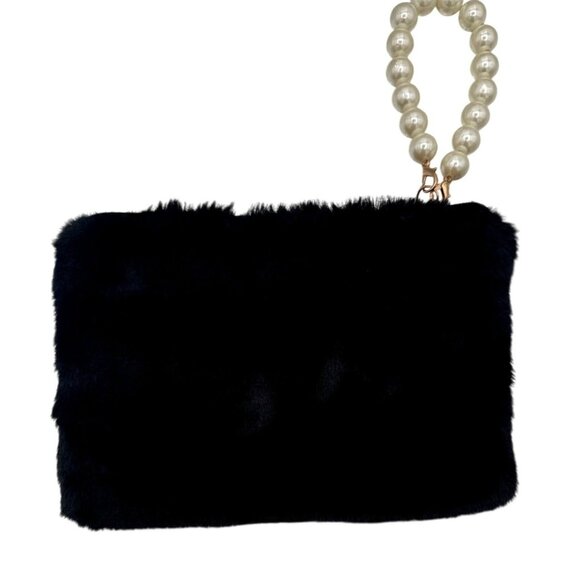 2/$30 Black Soft Faux Fur Clutch Purse With Pearl Handle & Gold Accents NWT - Picture 7 of 8